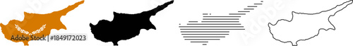 Set of four different style maps of cyprus island outline, including color, solid black, hatched, and dotted line versions