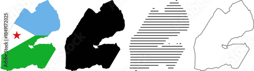 Djibouti map set flag, solid silhouette, hatched, and outline icons collection