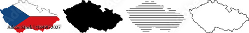 Set of czech republic map icons flag fill, solid silhouette, outline, and simple outline