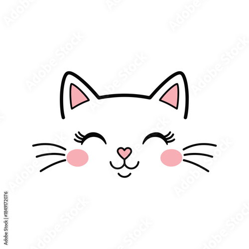 Cute cartoon cat face with pink ears and heart nose smiling sweetly