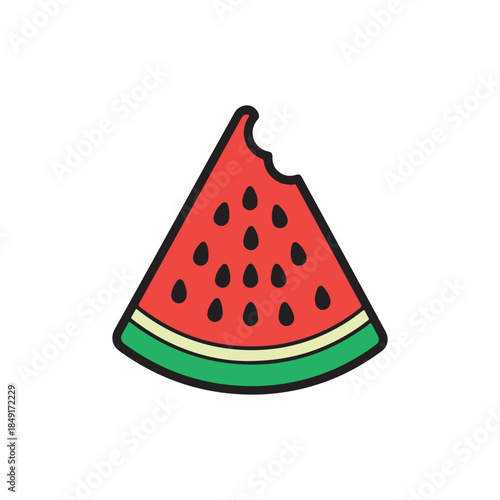 A cartoon slice of watermelon on a with black seeds