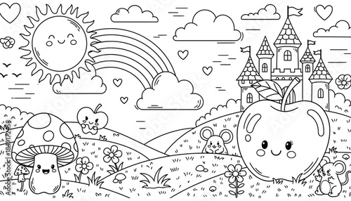 Whimsical castle scene with smiling sun rainbow and apple