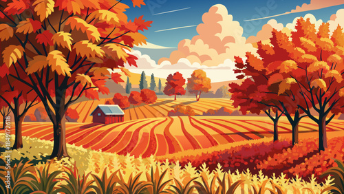 Very beautiful October scene in Wausau, Wisconsin, showing red and orange maple trees beside a golden cornfield, capturing rural autumn harmony and strong seasonal color contrast.