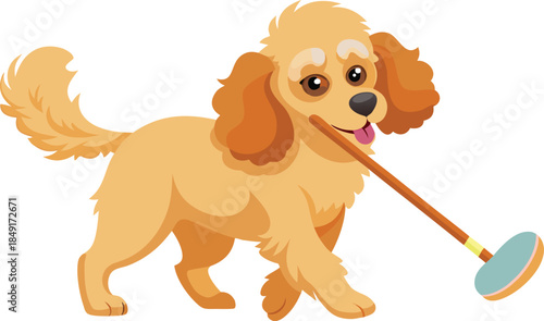 Cute Brown and Tan Dog Carrying a Stick with a Blue Frisbee