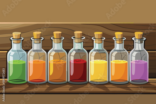 Six glass bottles with colorful liquids on a wooden surface cork stoppers green liquid