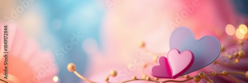 Soft Pastel Love Hearts with Golden Accents and Bokeh Lights, wide panoramic background	