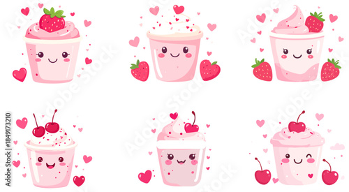 Kawaii Valentine Yogurt Cup Illustration Set – Cute Strawberry Cream Dessert Icons Vector