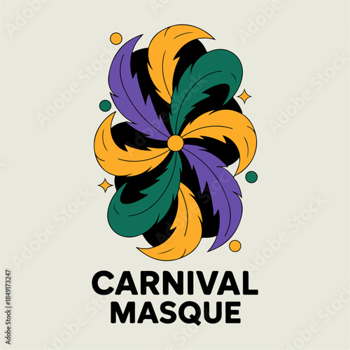 Carnival Masque colorful feather swirl mask with confetti stars, festive parade emblem, vibrant vector illustration for parties, entertainment and branding
