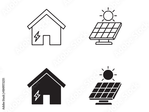 House with lightning bolt and solar panel with sun icons