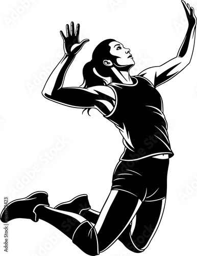 Black and White Illustration of a Female Volleyball Player Jumping High and Spiking the Ball with Intense Dynamic Action and Athletic Power