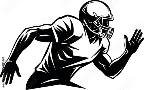 Black and White Illustration of an American Football Player in a Helmet Running with Dynamic Action, Highlighting Speed, Power, and Athleticism