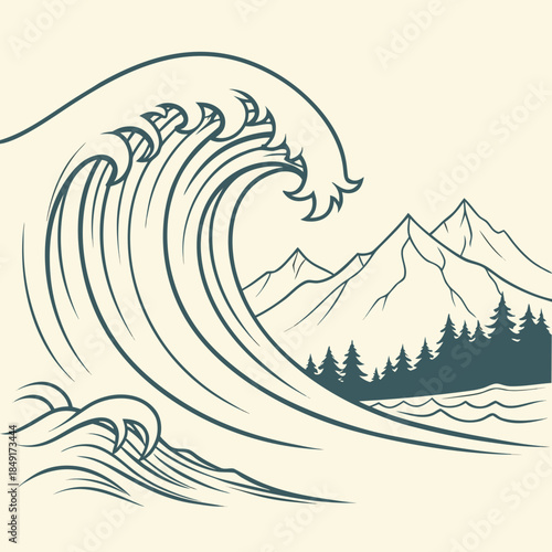 Wave approaching mountain landscape