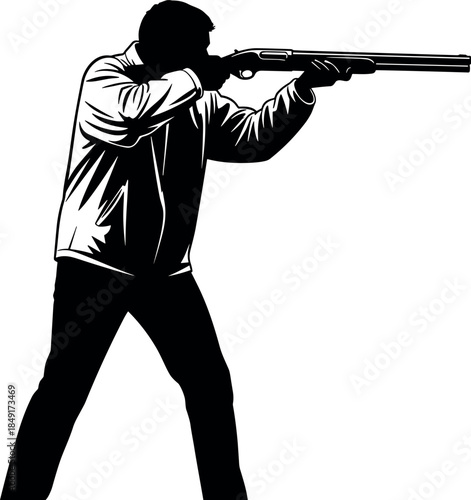 Black and White Illustration of Male Shooter Aiming Shotgun Rifle, Professional Hunting or Target Shooting Action Isolated Vector.