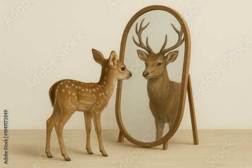 A deer at the mirror sees an adult deer. Space for text.