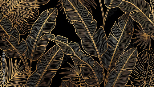 Gold Line Art Tropical Botanical Leaves on Black Background