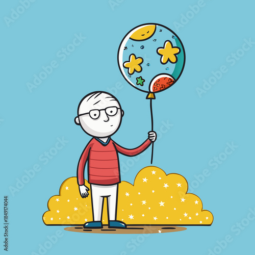 Child holds colorful balloon while standing on pile of yellow clouds in a playful scene