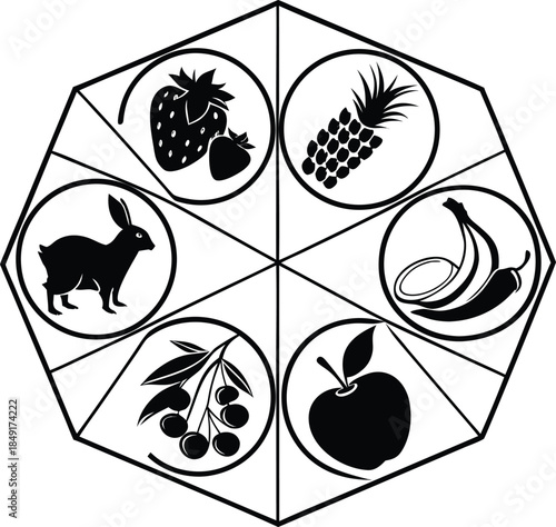Hexagon with black and white of fruits animals and vegetables