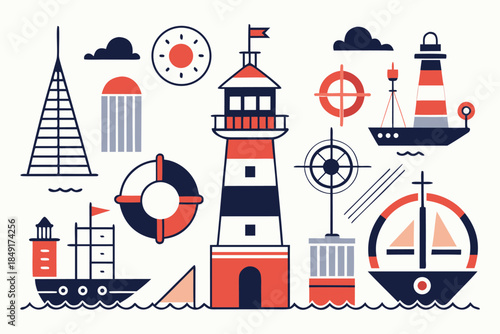 Nautical themed with lighthouse and ships in red and blue sailboat life preserver