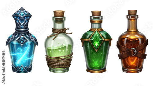 Four distinct fantasy game potion bottles featuring magical elixirs for healing mana strength and elemental power