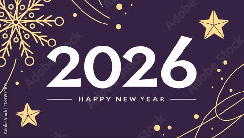 Happy New Year text in 2026, with a golden snowflake accent, set against a colorful background for a modern festive look.
