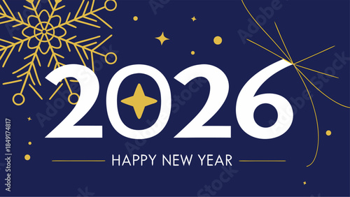2026 Happy New Year text with a golden snowflake on a deep blue background, creating a festive and elegant holiday greeting.