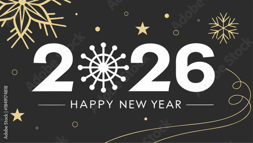 2026 Happy New Year text in gold with a snowflake on a light black background, perfect for a modern and elegant holiday card.
