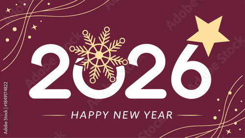 2026 Happy New Year text with a golden snowflake on a dark pink background, perfect for a festive and elegant greeting card.