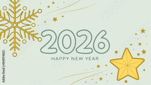 Light green background with '2026 Happy New Year' text and a golden snowflake, perfect for a light, joyful holiday greeting.