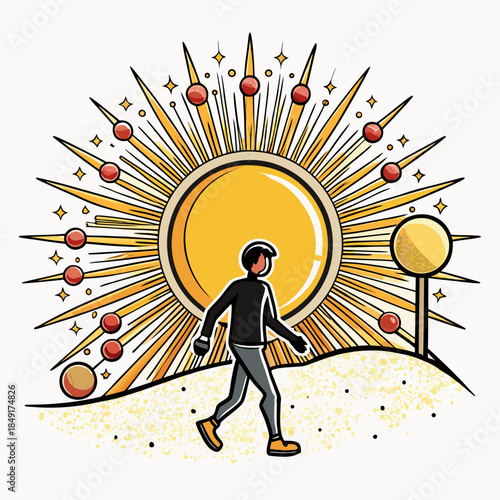 Walking under a sun symbol with rays, circles, and lines in a creative design for art and graphic resources