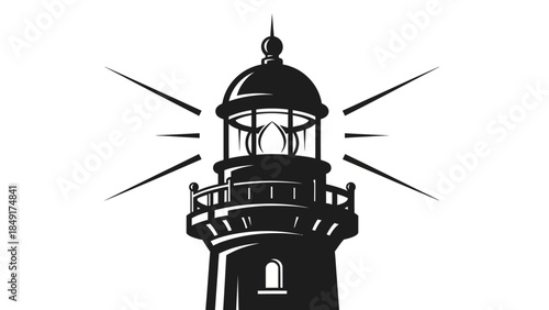 Silhouette of a traditional lighthouse emitting rays of light into the sky illustrating navigation