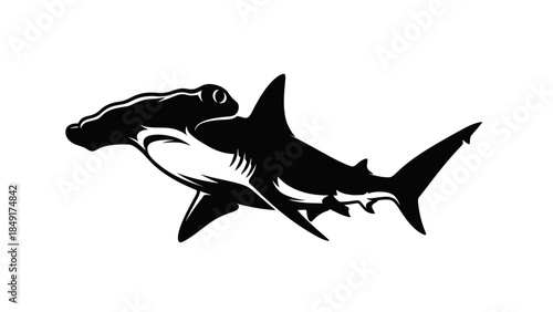 Minimalist Black and White Illustration of a Shark Swimming in Open Ocean