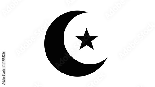 Minimalist black and white crescent moon with star icon symbol representing night sky celestial