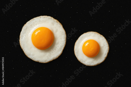Two fried eggs of different sizes on a dark background.