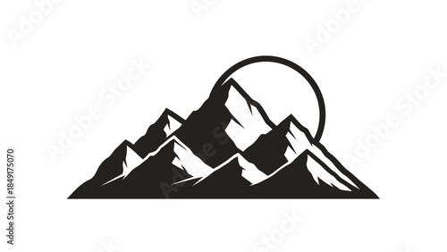Stylized monochrome mountain landscape with a setting sun for minimalist nature scenes