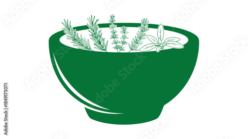 Minimalist Illustration of a Green Bowl Filled with Fresh Herbs and Aromatic Plants
