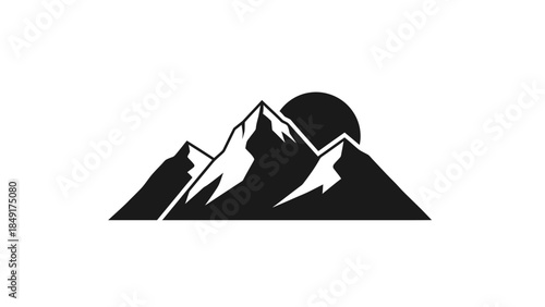 Minimalist Mountain Landscape with Sun and Snow-Capped Peaks in Silhouette