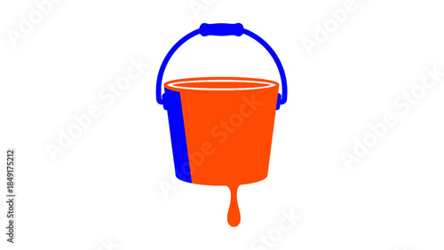 Minimalist Illustration of a Bright orange bucket with a blue handle and a dripping liquid at the