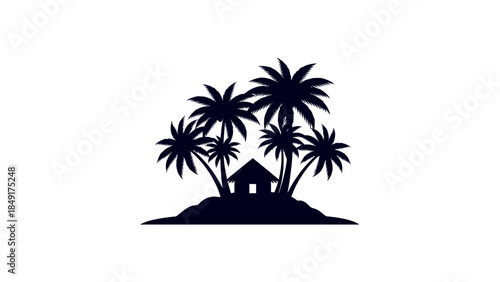 Serene tropical island scene with lush palm trees and a cozy hut silhouette in minimalist style