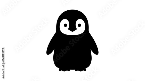 Minimalist black and white illustration of a cute cartoon penguin character with a simple design