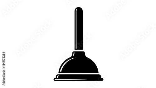 Simple black and white illustration of a plunger with a elongated handle and a rounded rubber cup