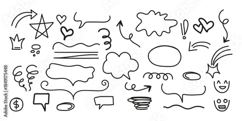 Line cute element set. Hand-drawn sketch doodle style arrow, cloud, star with marker stroke pencil highlight. Doodle sketch heart, star, cloud cartoon sticker shapes