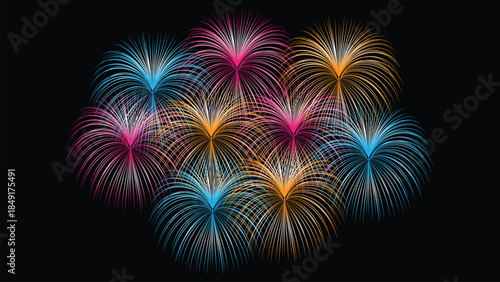 Colorful abstract fireworks display on black background for celebration and festive occasions, vibrant exploding pyrotechnics with sparkling light trails creating a beautiful night sky scene
