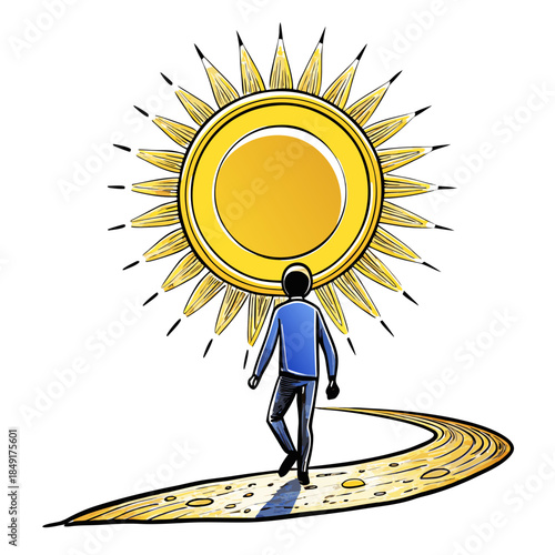 Person walking on a winding path under a bright sun with rays shining in the background on a clear day