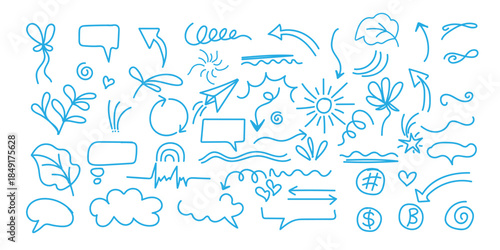 Line cute element set. Hand-drawn sketch doodle style arrow, cloud, star with marker stroke pencil highlight. Doodle sketch heart, star, cloud cartoon sticker shapes