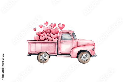 Watercolor Illustration of Pink Truck Filled with Hearts Isolated on Transparent Background