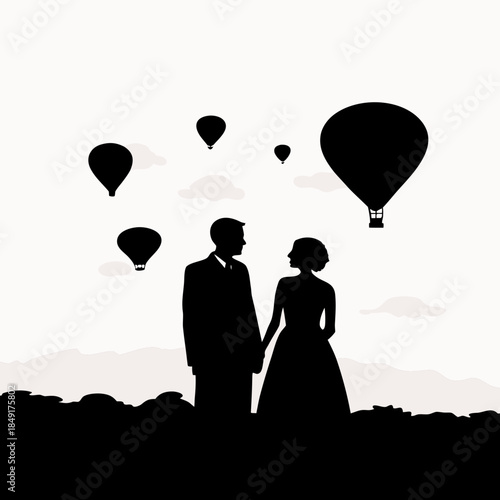 Romantic silhouette of a couple holding hands with hot air balloons floating above them in the sky