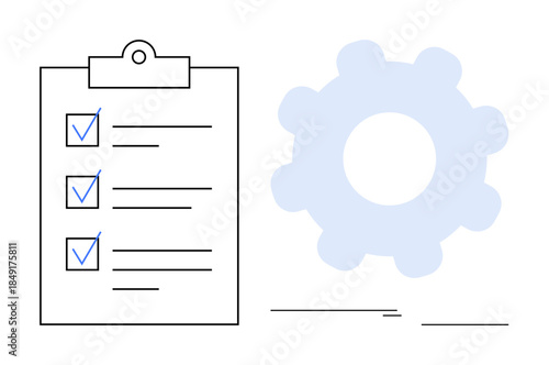 Checklist with marked tasks beside a gear, representing organization, productivity, and operational processes. Ideal for workflow, efficiency, planning, management, productivity strategy teamwork