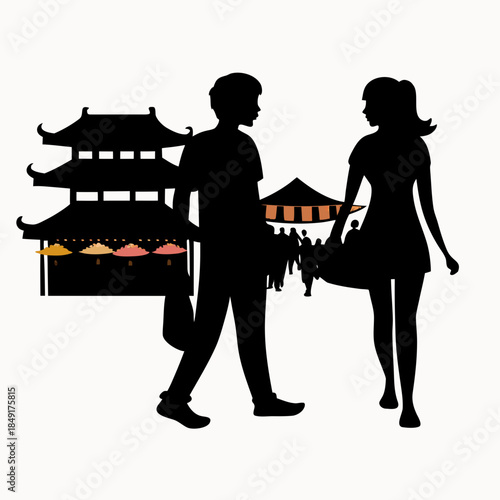 Silhouette of a couple walking past asian pagodas and market stalls
