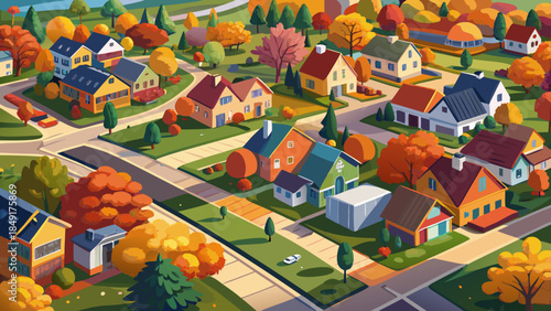 Very beautiful aerial view of an Eau Claire residential neighborhood in autumn, highlighting wide streets, sidewalks, large homes, green parks, and colorful trees creating a balanced suburban landscap