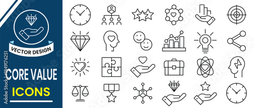 Core Values icon set collection.  Outline icon of core value, kindness, environment, discipline, trust, teamwork, support, dimond, honesty,  feedback, efficiency, charity and more. Vector illustration